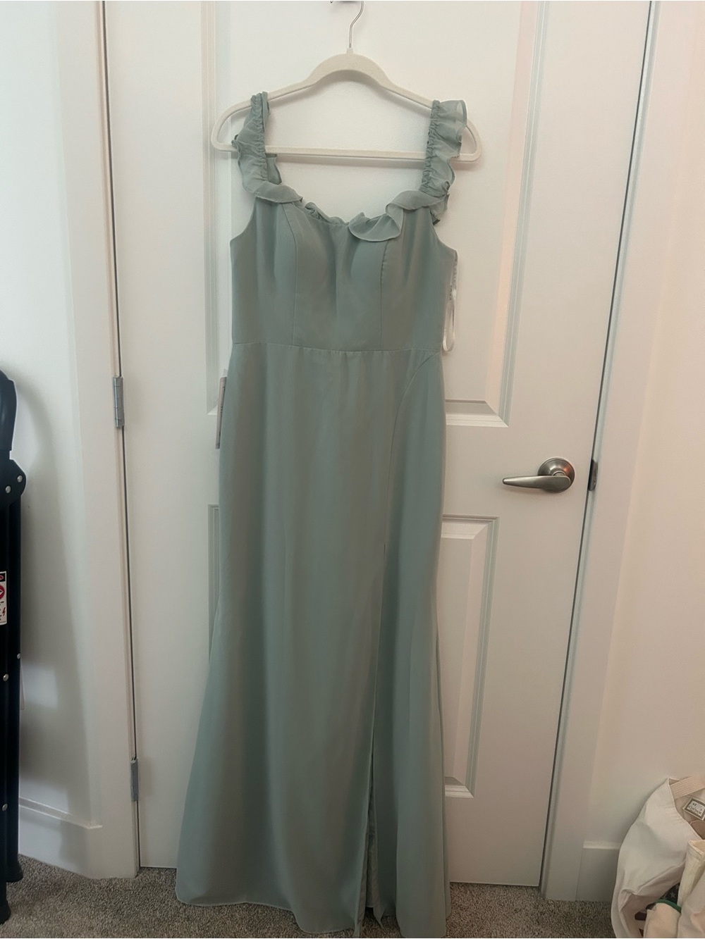 Azazie Sage Green Ruffle Strap Maxi Dress